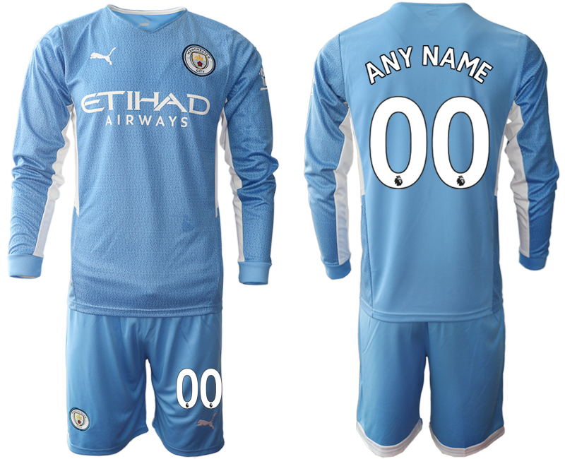 Men 2021-2022 Club Manchester city home Light blue Long Sleeve customized Soccer Jersey->manchester city jersey->Soccer Club Jersey